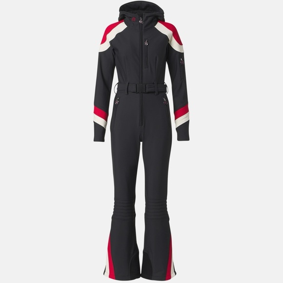 NWT Perfect moment Allos hooded striped ski suit in jet black/red/snow white - Picture 1 of 13